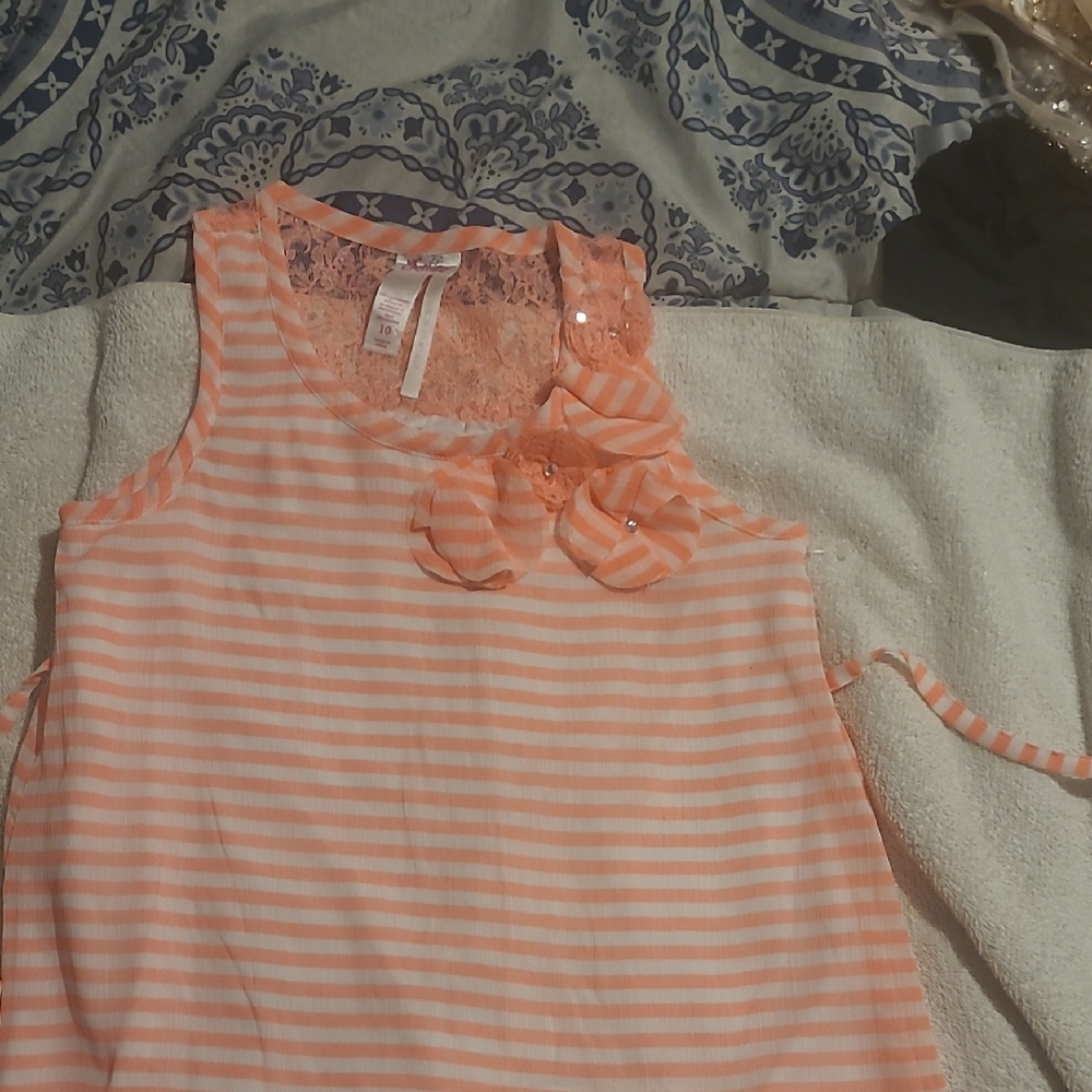 Justice Peach Striped Tank Top with Floral Accent
